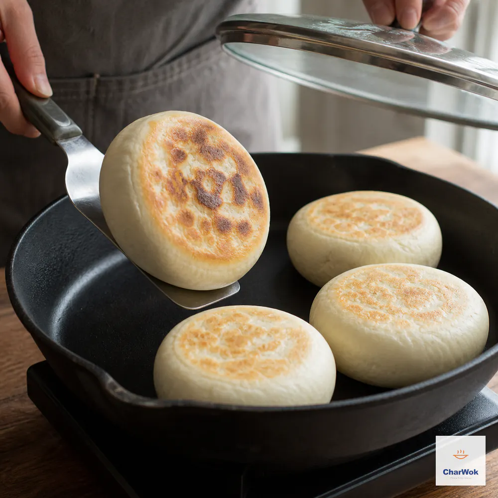 A spatula flips one thick baiji mo to reveal deep-golden tiger spots in an oil-free cast-iron skillet while a glass lid waits above three other buns