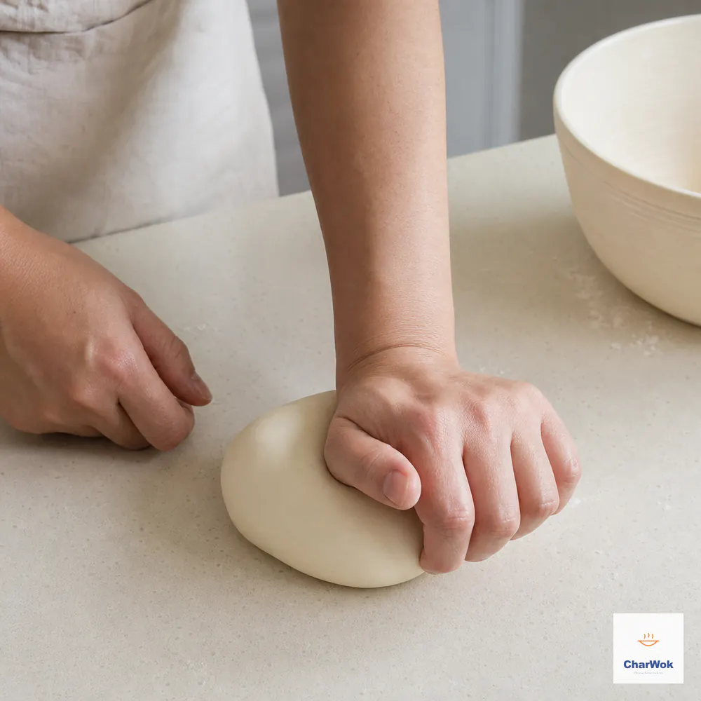 Two hands knead one smooth compact dough mass that springs back without sticking, beside a clean-sided ivory bowl and only a light flour dusting
