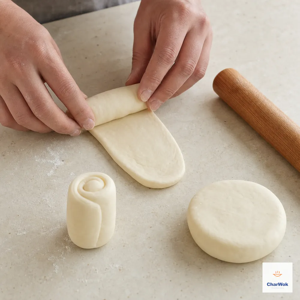 Hands roll a long rested dough oval into a short cylinder beside one upright cylinder and one thick round puck formed by pressing a cylinder on end