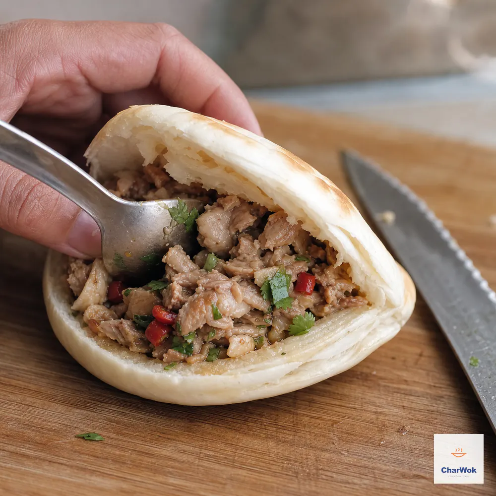 A spoon packs moist chopped pork into one warm layered baiji mo cut from one side but still hinged at the opposite edge, with a serrated knife beside it
