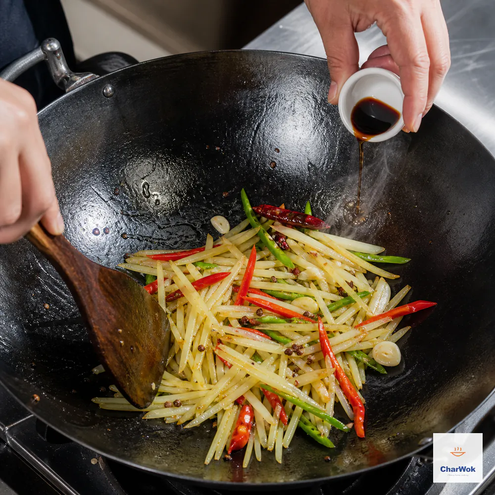 A small white cup pours a narrow stream of dark Chinkiang vinegar onto the exposed hot wok rim beside crisp potato strips, raising a fine flash of vapor