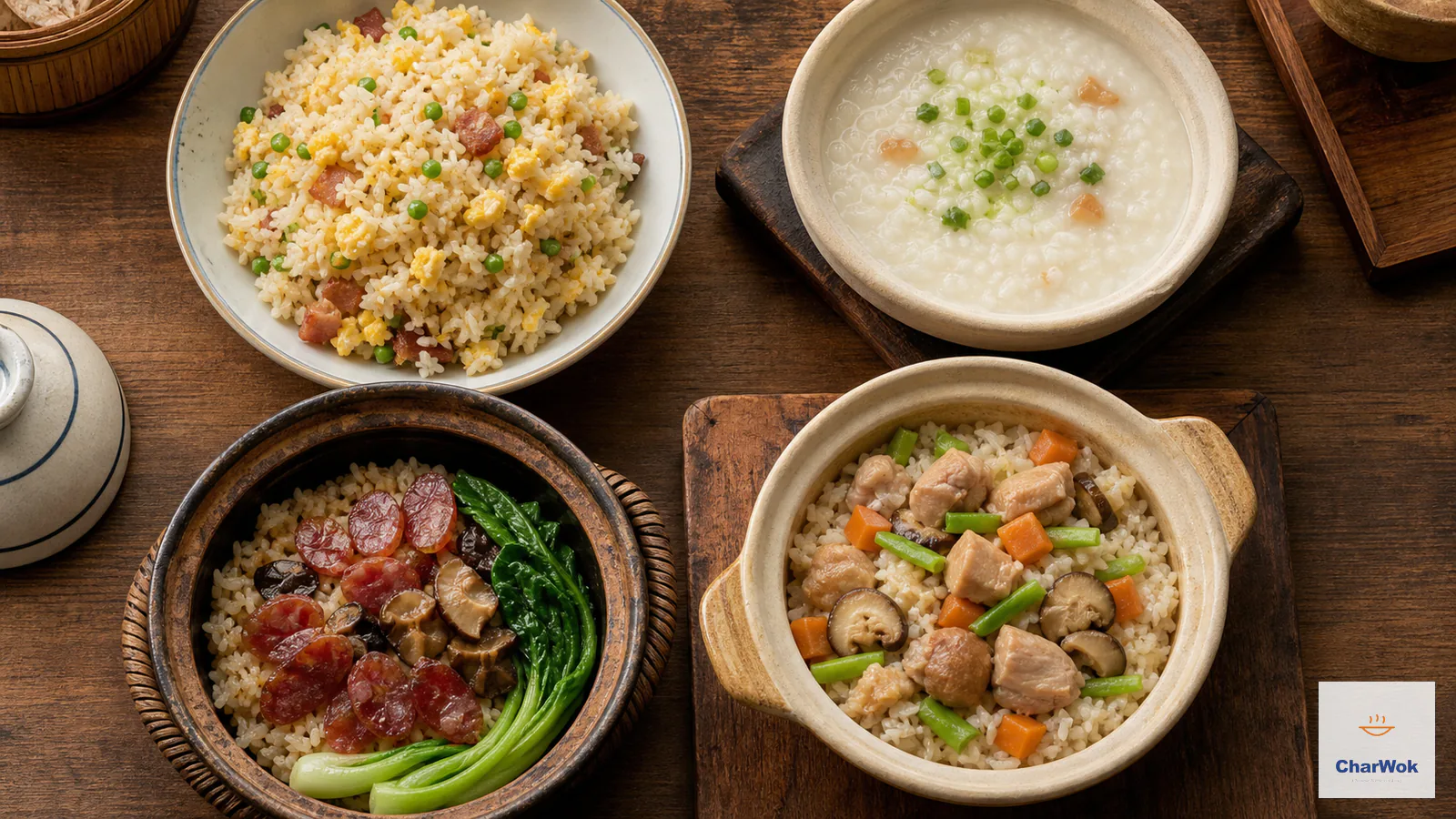 Four Chinese rice dishes—egg fried rice, congee, Chinese sausage clay pot rice and chicken mushroom one-pot rice—arranged on a wooden table