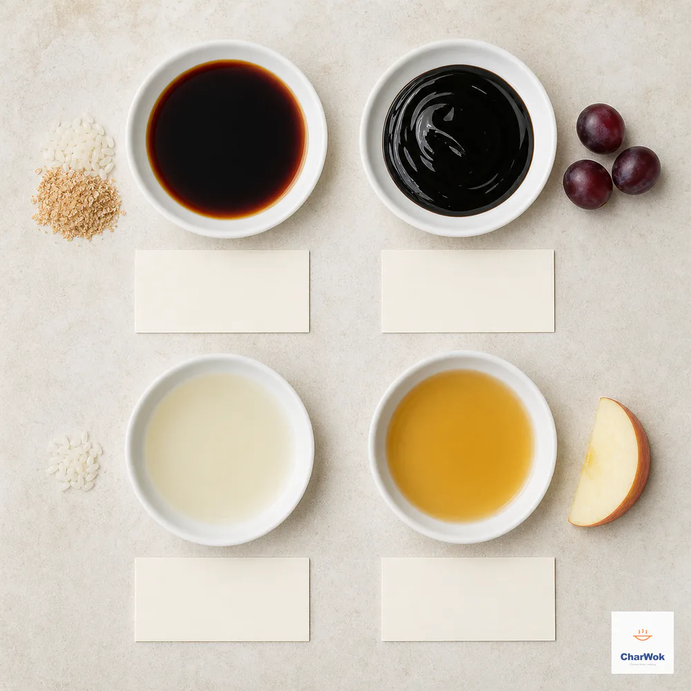 Four-part comparison of Chinese black vinegar with rice and bran, thick balsamic with three grapes, pale rice vinegar with white rice, and cider vinegar with one apple wedge