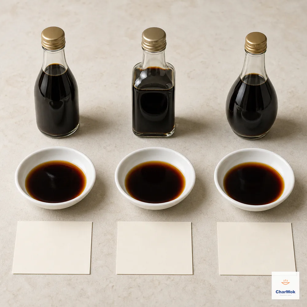 Three unbranded Chinese black-vinegar bottles, each paired with a dark tasting dish and a blank comparison card