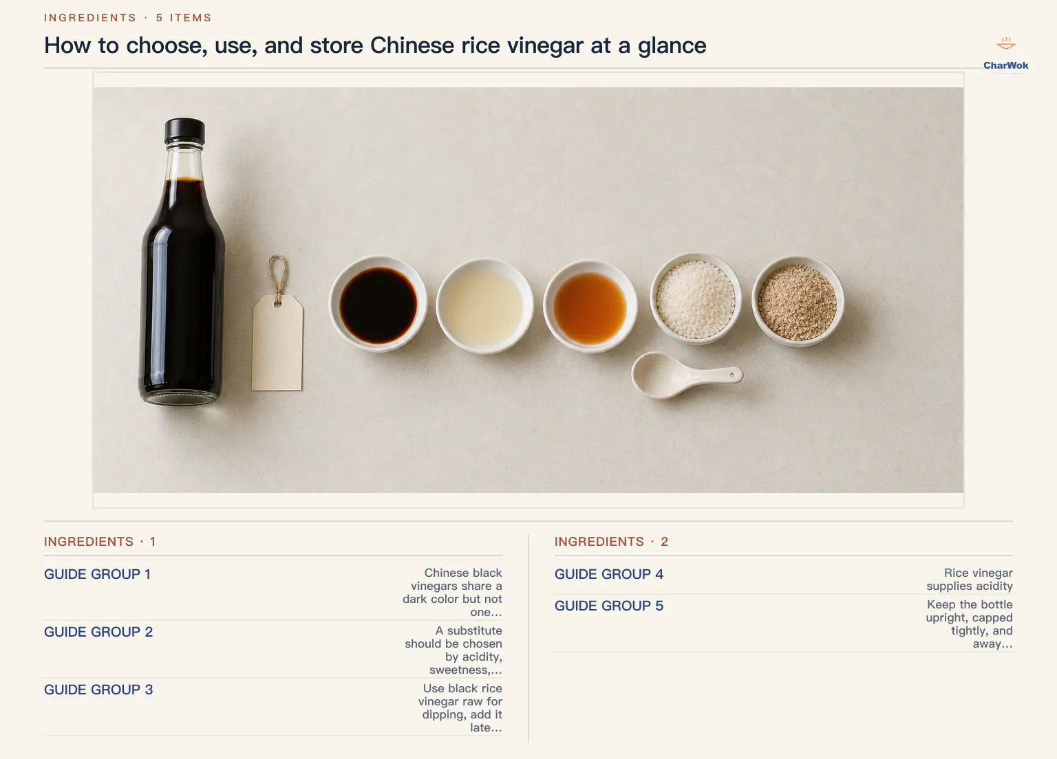 English Chinese rice vinegar overview: buy Chinkiang vinegar first, consider Shanxi mature vinegar as a second bottle, check for rice, water, and wheat bran, use it raw in dips and cold dishes or add it late to noodles, soups, and glazes, then store it cool and dark with the lid tight