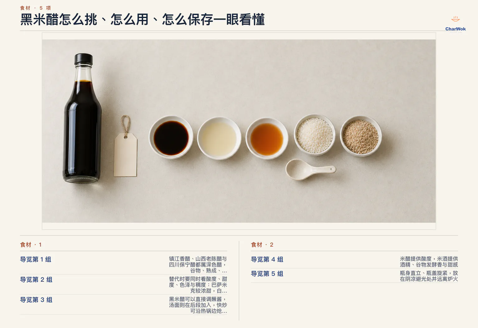 黑米醋简中总览:第一瓶选镇江香醋、第二瓶可选山西老陈醋并查看米水麦麸成分,可生食用于蘸酱凉拌或收尾加入面汤糖醋汁,保存时阴凉避光并旋紧瓶盖