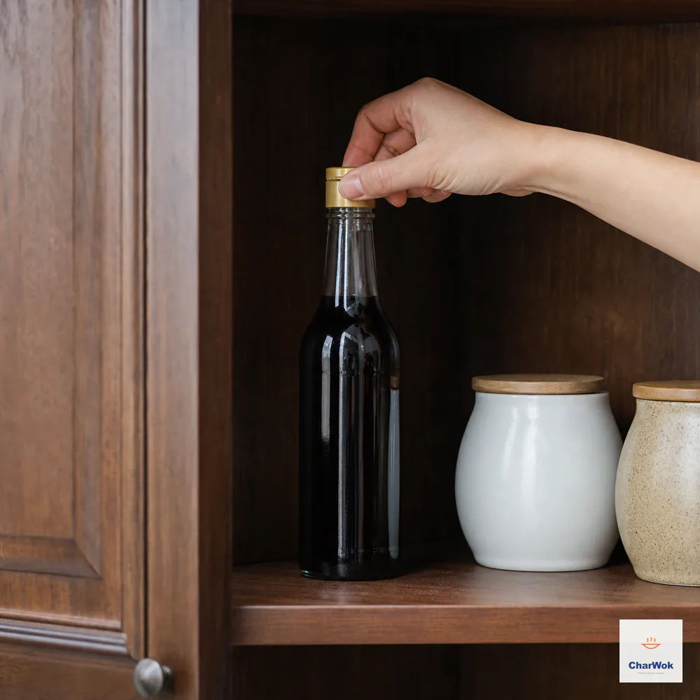 A hand tightens the cap on an upright unbranded bottle of dark Chinese rice vinegar inside a cool dark wooden cupboard