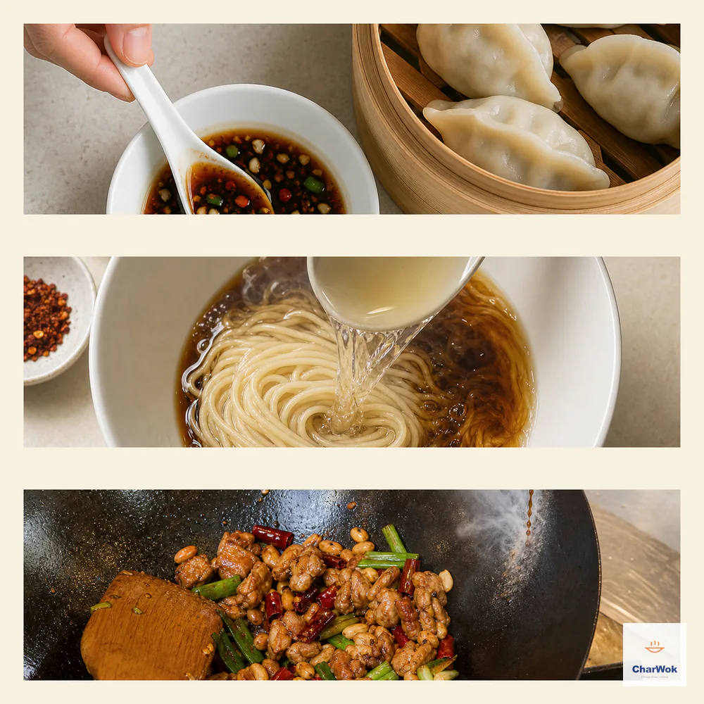 Three panels show black-vinegar dumpling dip, hot broth poured over vinegar and noodles, and vinegar flashed around the hot rim of a nearly finished chicken wok