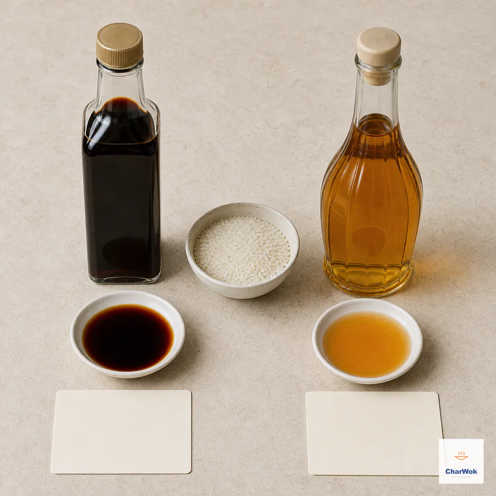 Side-by-side unbranded bottles and tasting dishes compare very dark Chinese rice vinegar with transparent amber Chinese rice wine beside white rice