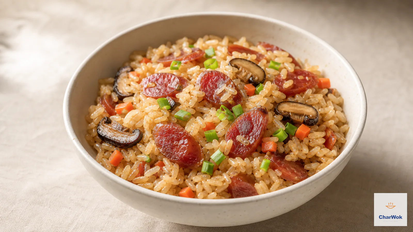 Glossy Chinese sausage rice with diagonal lap cheong, carrot dice, shiitake and chopped scallions in a ceramic bowl