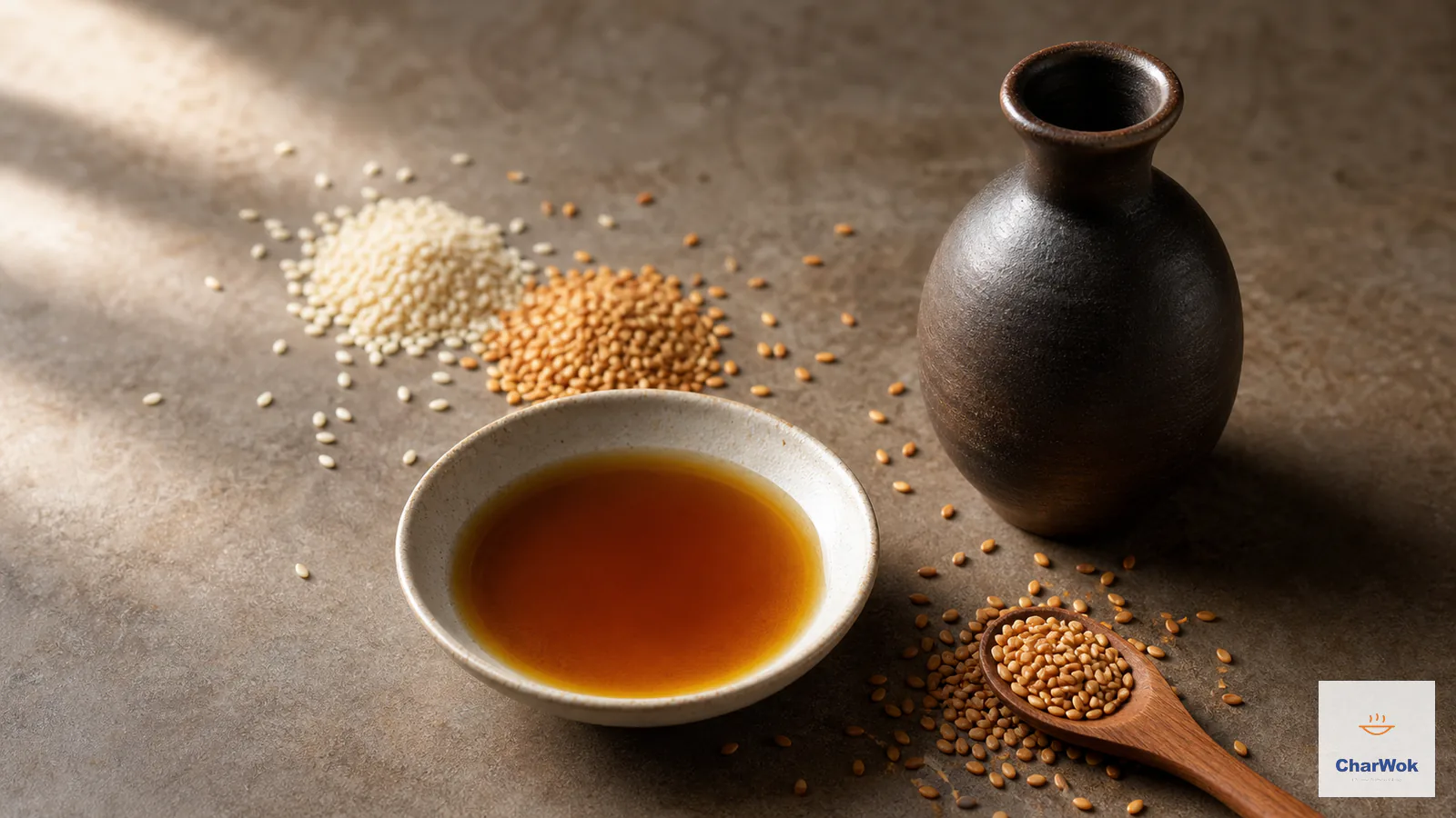 Deep amber toasted sesame oil beside pale untoasted sesame oil, sesame seeds and a finished vegetable stir-fry