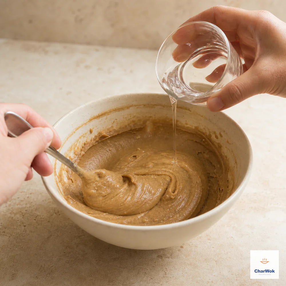 Warm water drizzles narrowly into a thick cohesive sesame mixture while a second hand folds it with a spoon