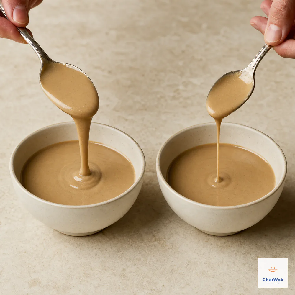 Two bowls compare the same sesame sauce as a broad slow ribbon for tossing noodles and a slightly thinner narrow ribbon for dipping or drizzling