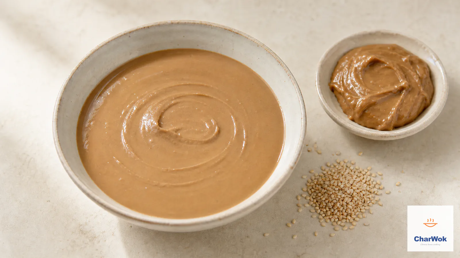 Smooth thinned Chinese sesame paste beside thick original paste and toasted white sesame seeds