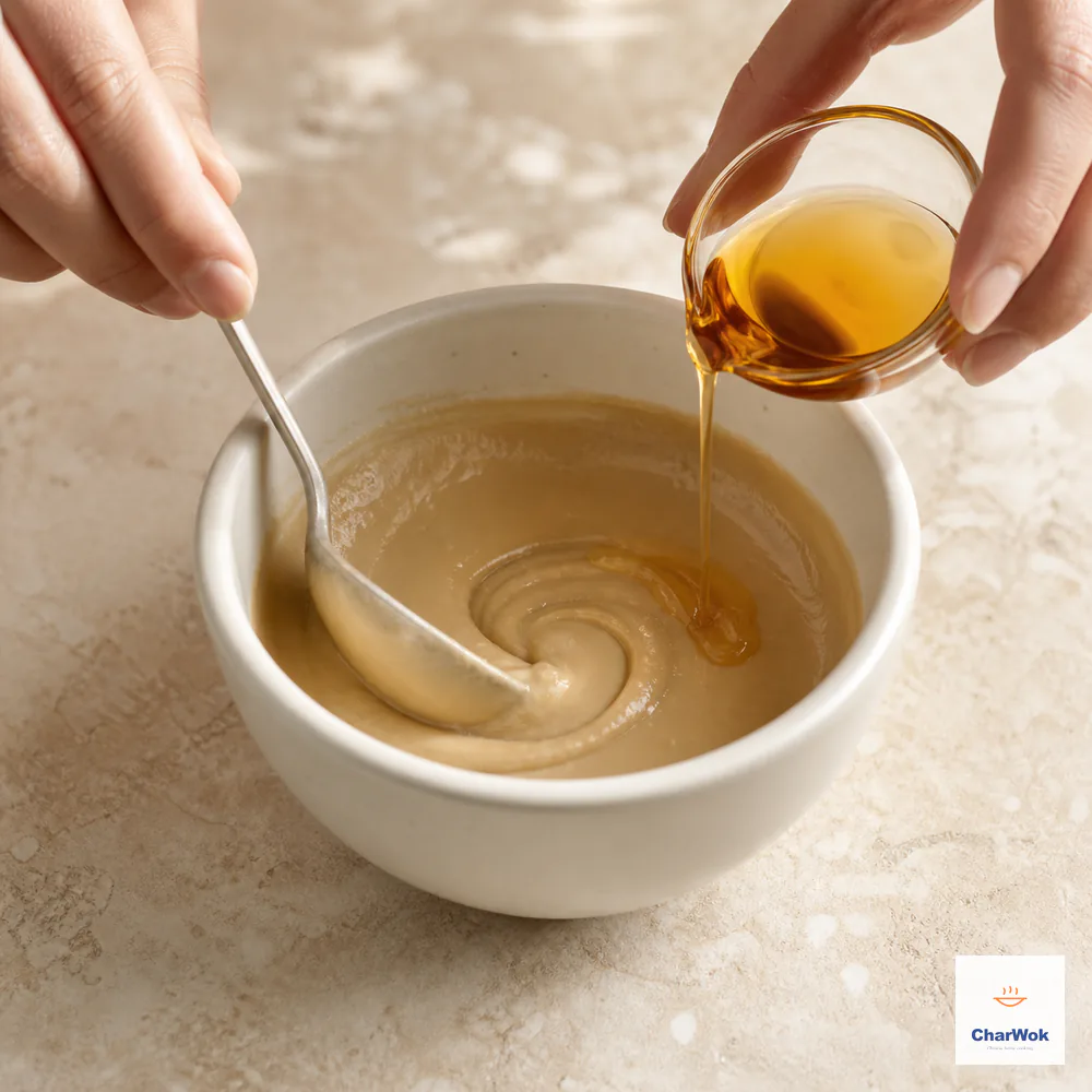 小杯麻油正以一比四比例倒入淡色 Tahini,另一手用汤匙把两者拌成均匀滑顺酱泥