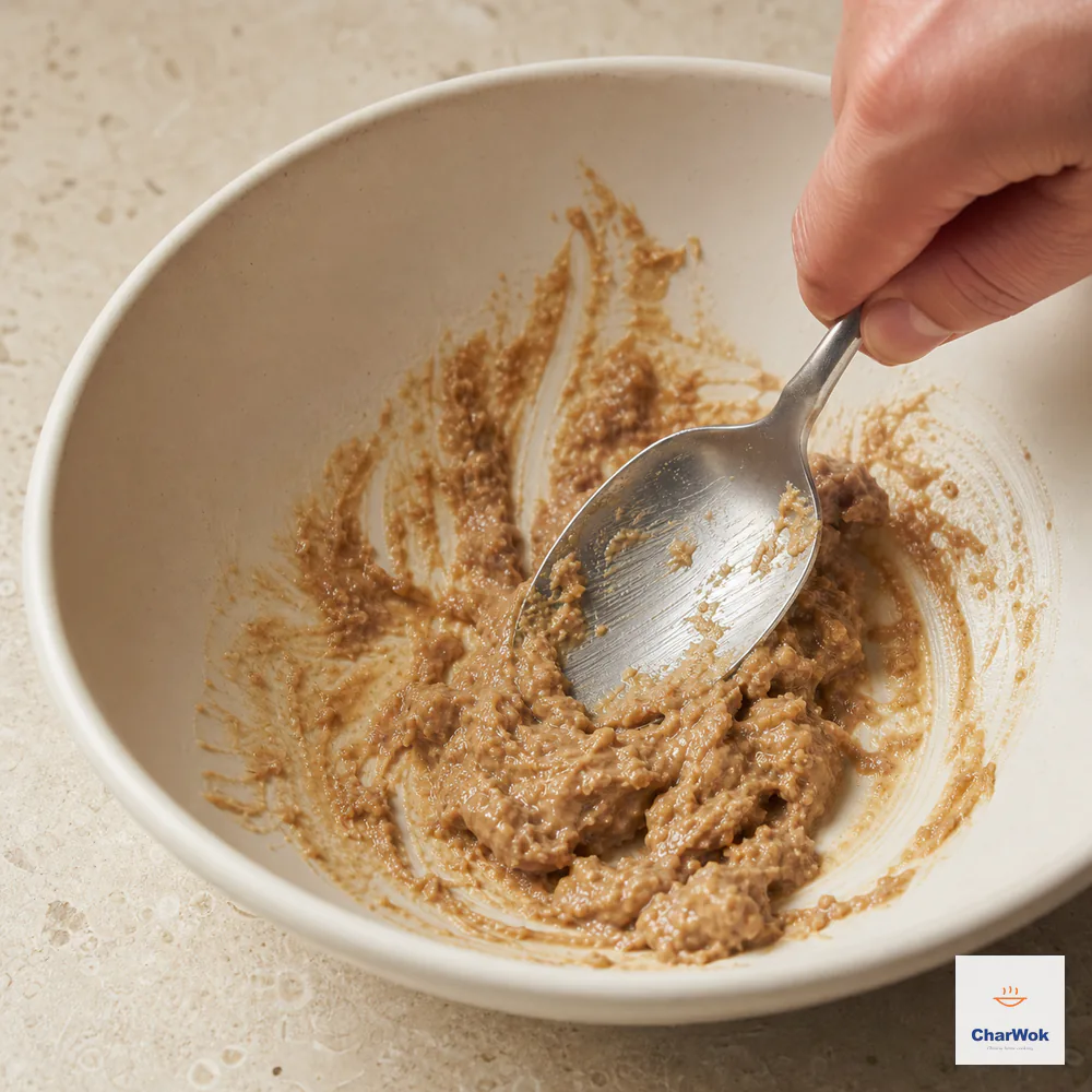 The back of a spoon presses a seized lumpy sesame-paste mixture against the side of a wide ivory bowl with no free water pool