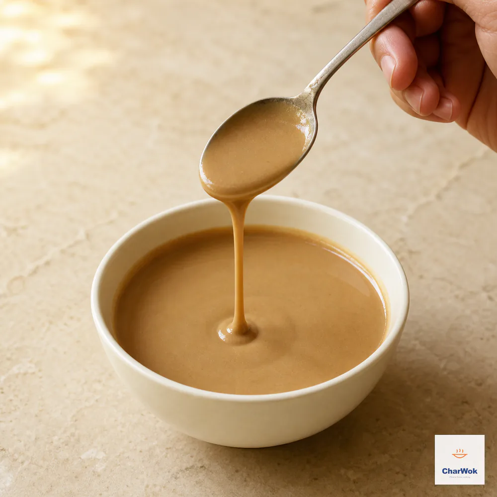 A spoon lifts smooth tan sesame sauce with a satin sheen and one continuous steady ribbon falling back into the bowl
