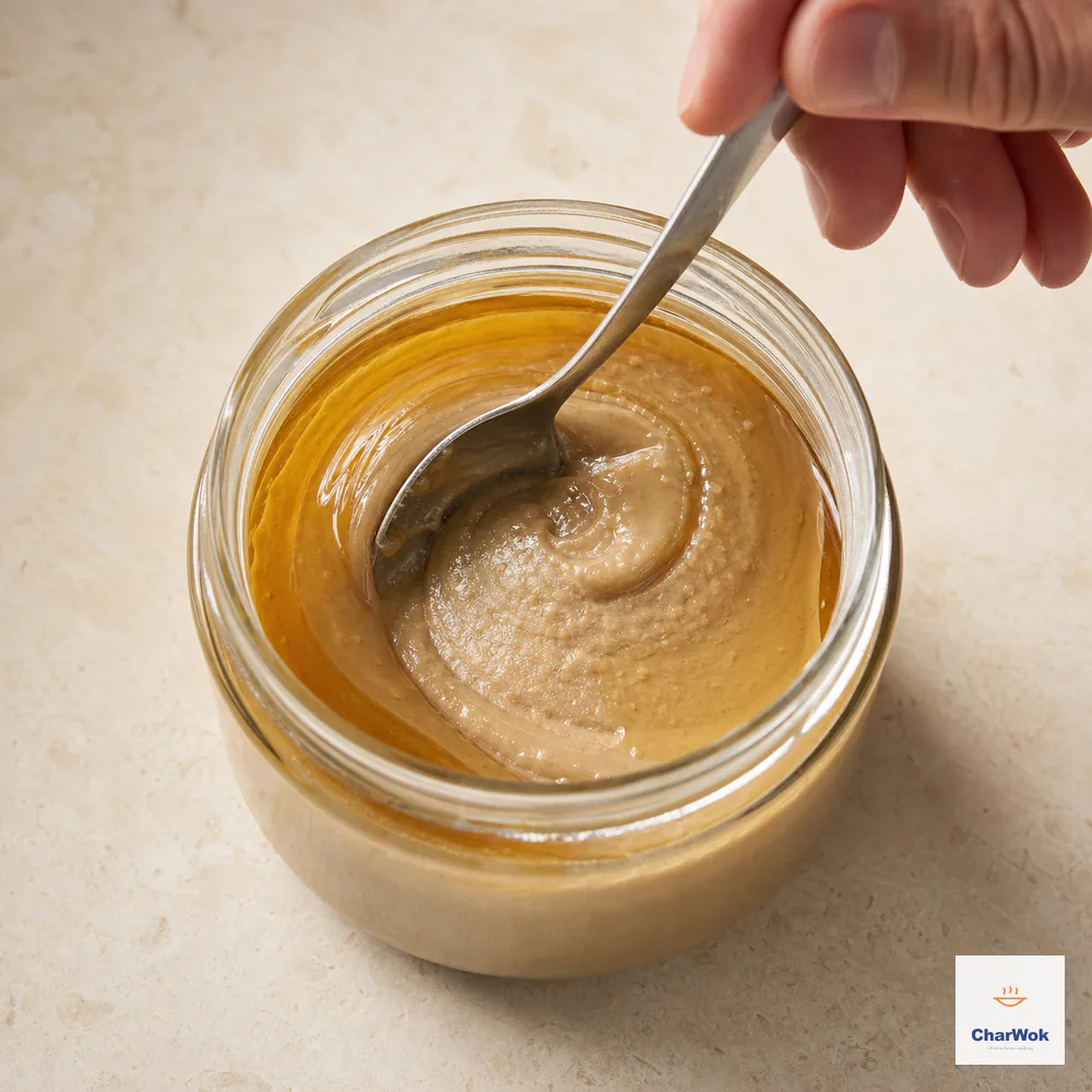 A spoon stirs a separated amber oil crescent back into thick tan Chinese sesame paste inside an unbranded glass jar