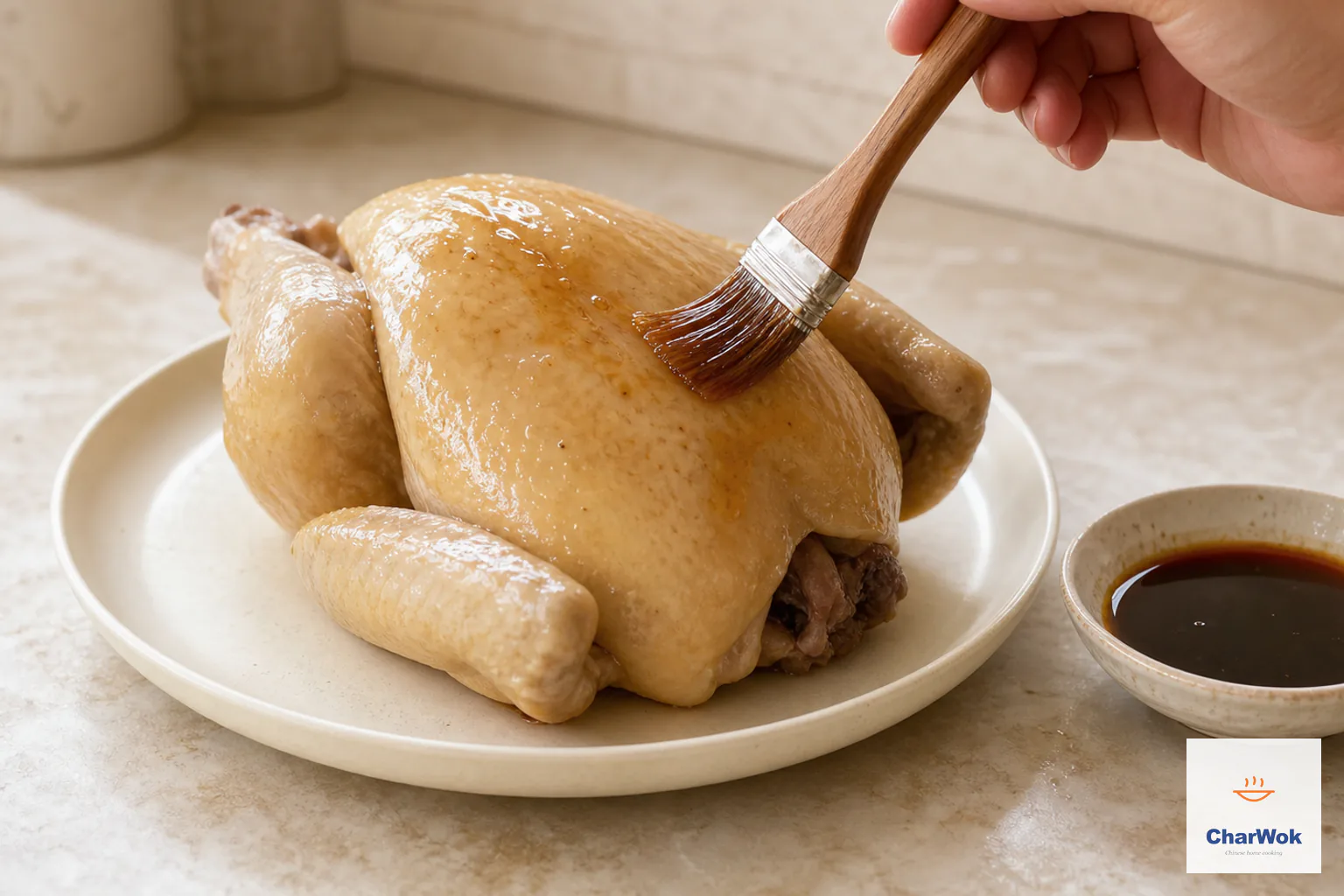 A pastry brush applies a very thin translucent soy-oyster-honey glaze to one pale steamed whole chicken after a short rest