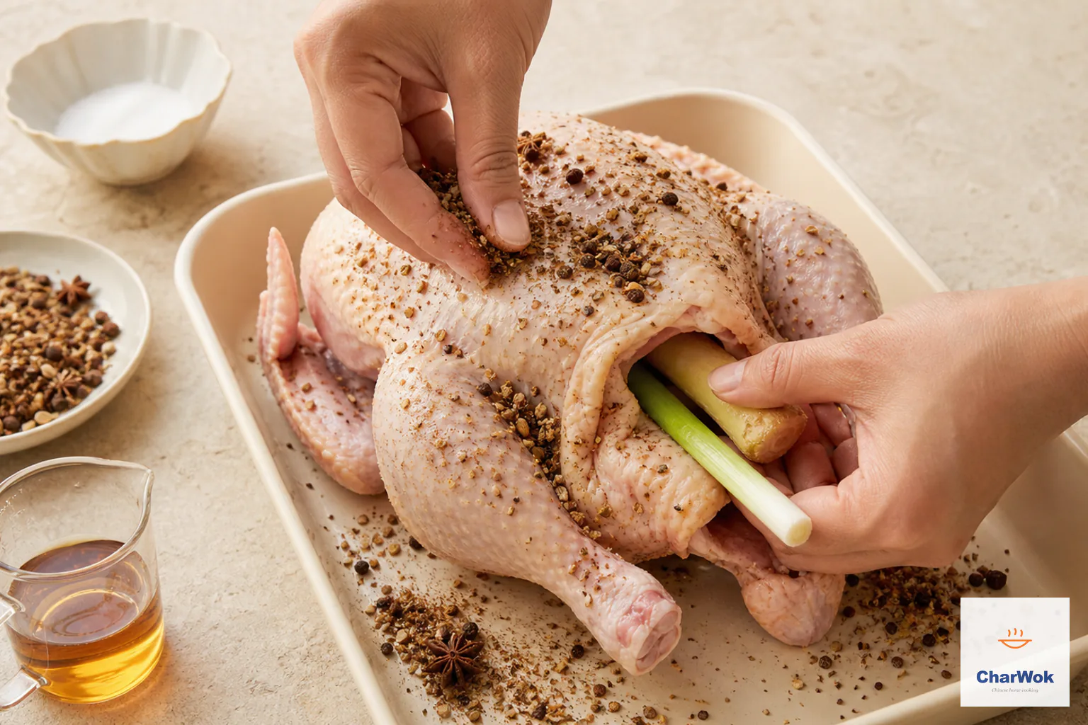 Hands rub coarse toasted spices over one raw whole chicken while one scallion and ginger are tucked into the cavity beside optional Shaoxing wine