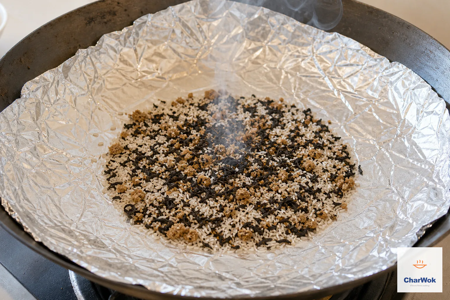 Raw white rice, brown sugar and loose black tea sit on foil inside a wok as the first faint thread of white smoke rises