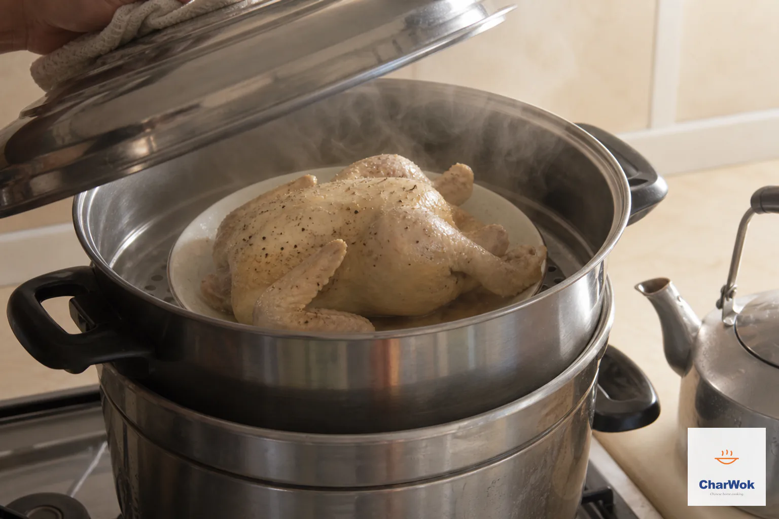 A pale spice-rubbed whole chicken steams breast-up on a plate in a stainless-steel steamer with a hot-water kettle ready beside it