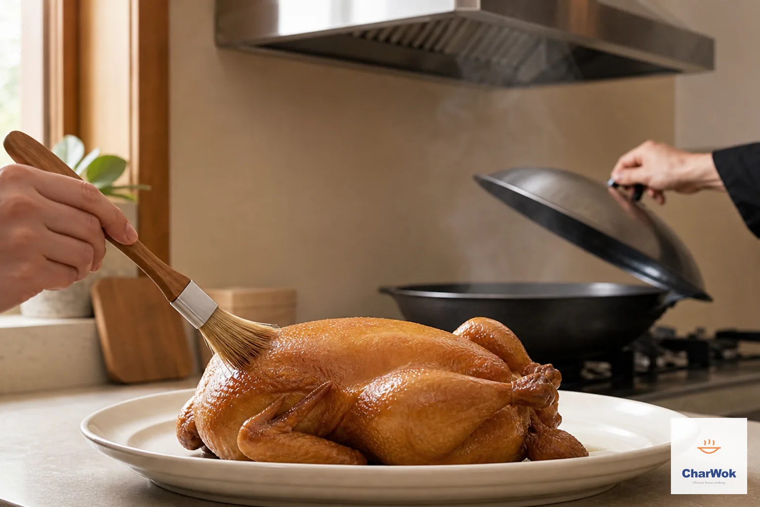A cook vents a wok lid away from the face under effective exterior-vented extraction while toasted sesame oil is brushed over one warm amber smoked chicken