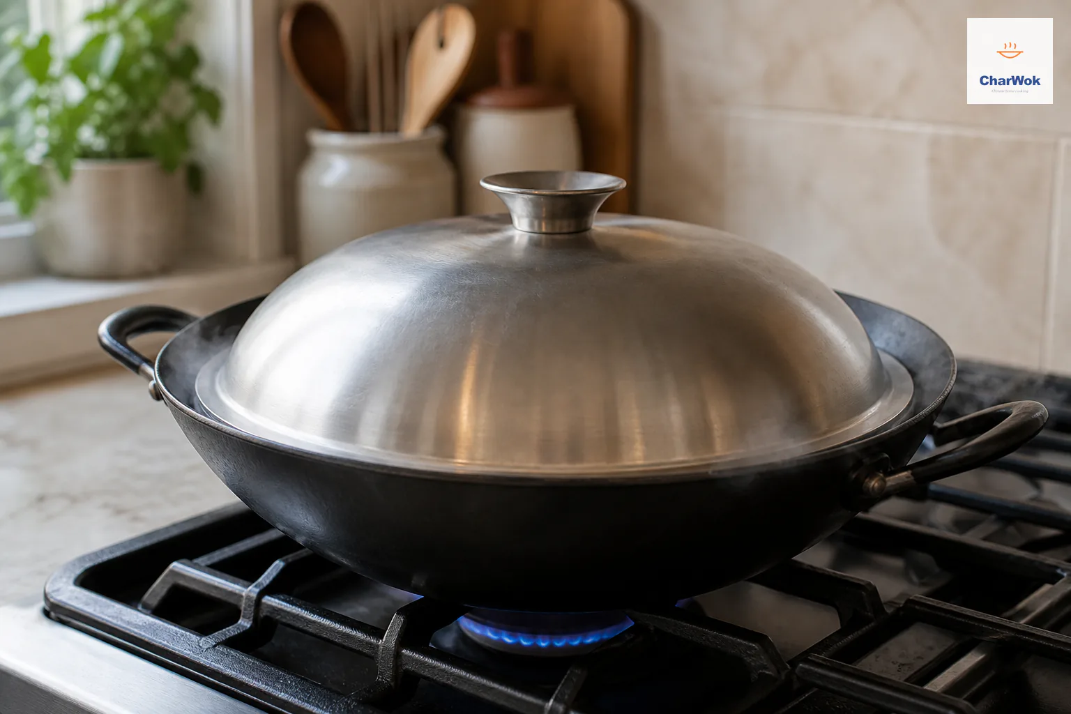 A plain metal domed lid seals the wide wok over the lowest small blue flame with only a thin trace of steam at the rim