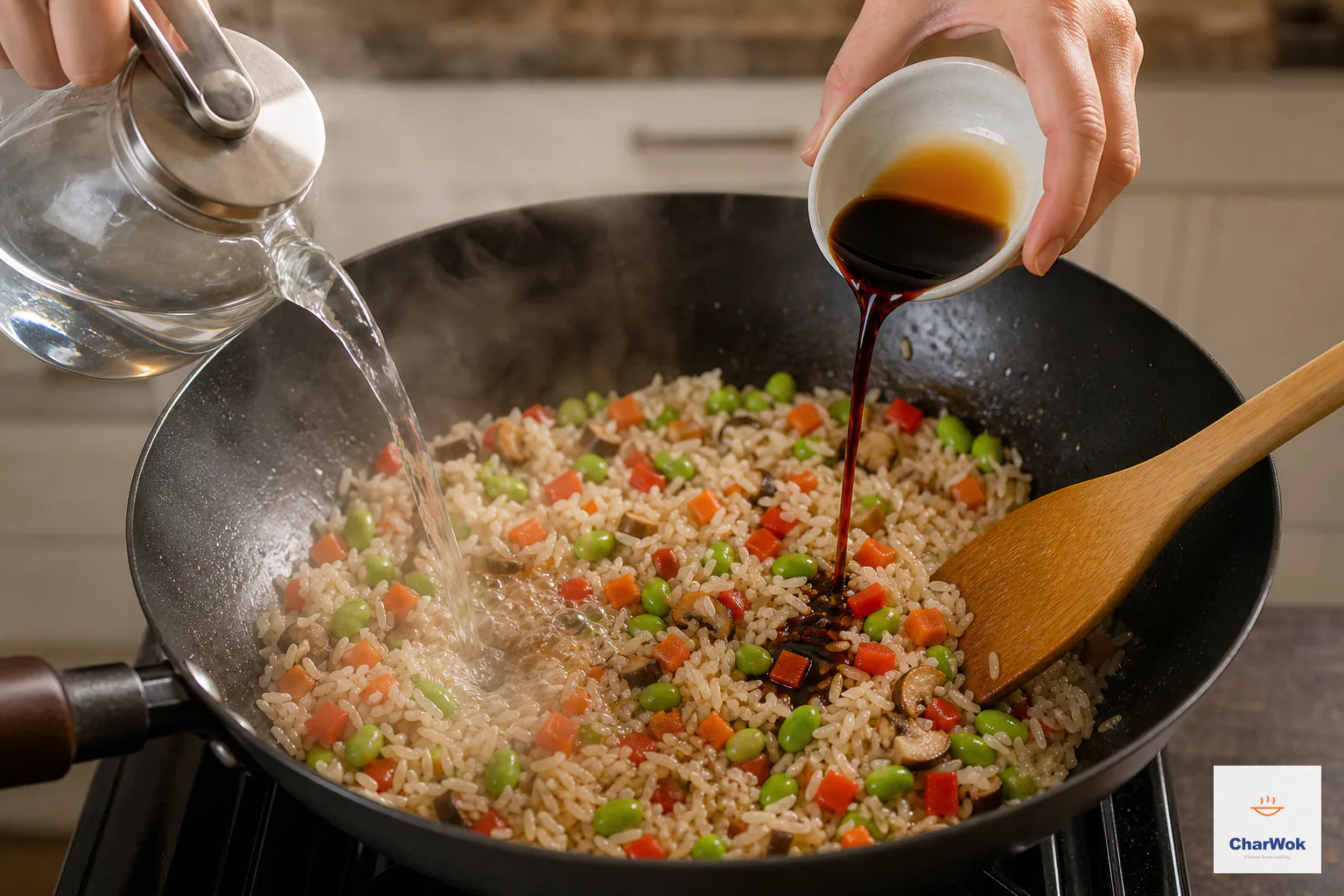 Steaming hot water pours around the wok rim while a measured dark-soy ribbon falls into the dry-fried rice and vegetables