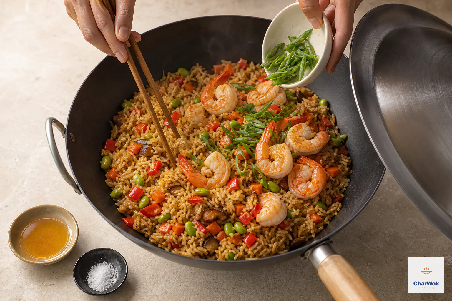 Chopsticks fluff separate soy-brown rice grains as seared shrimp and reserved scallion greens are folded into the finished pilaf