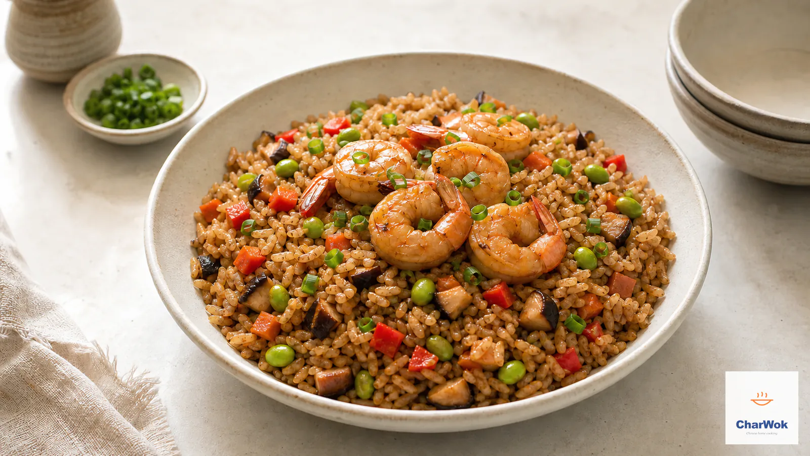 Soy sauce rice pilaf with six seared shrimp and colorful diced vegetables
