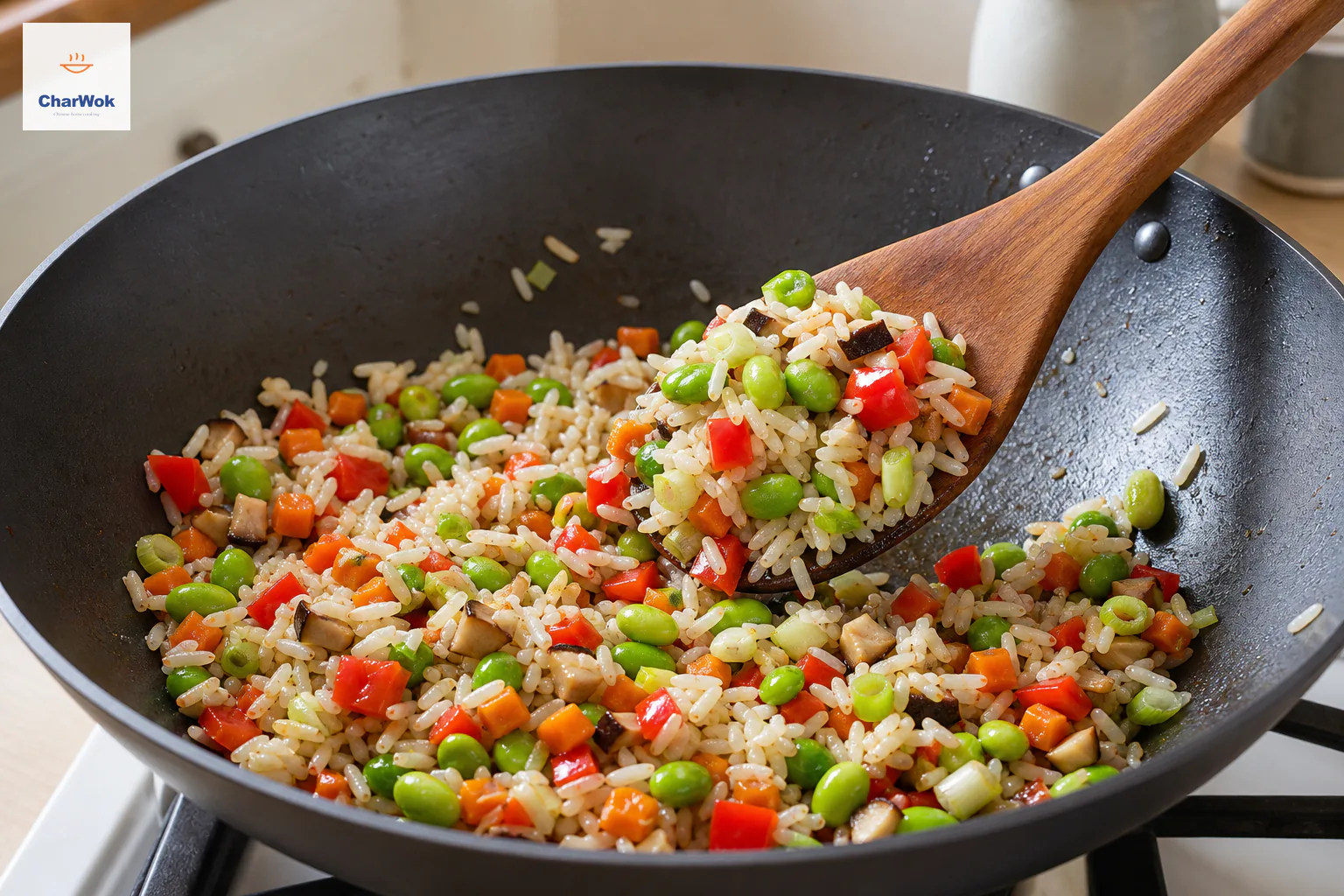 Raw glossy rice is stir-fried with diced shiitake, carrot, red bell pepper and edamame in a deliberately dry wok with no pooling liquid