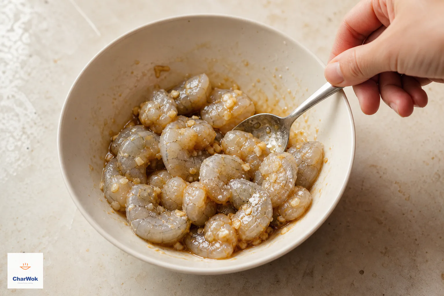Raw gray-translucent peeled shrimp are tossed with crushed garlic in a thin dark-soy, honey and cornstarch marinade