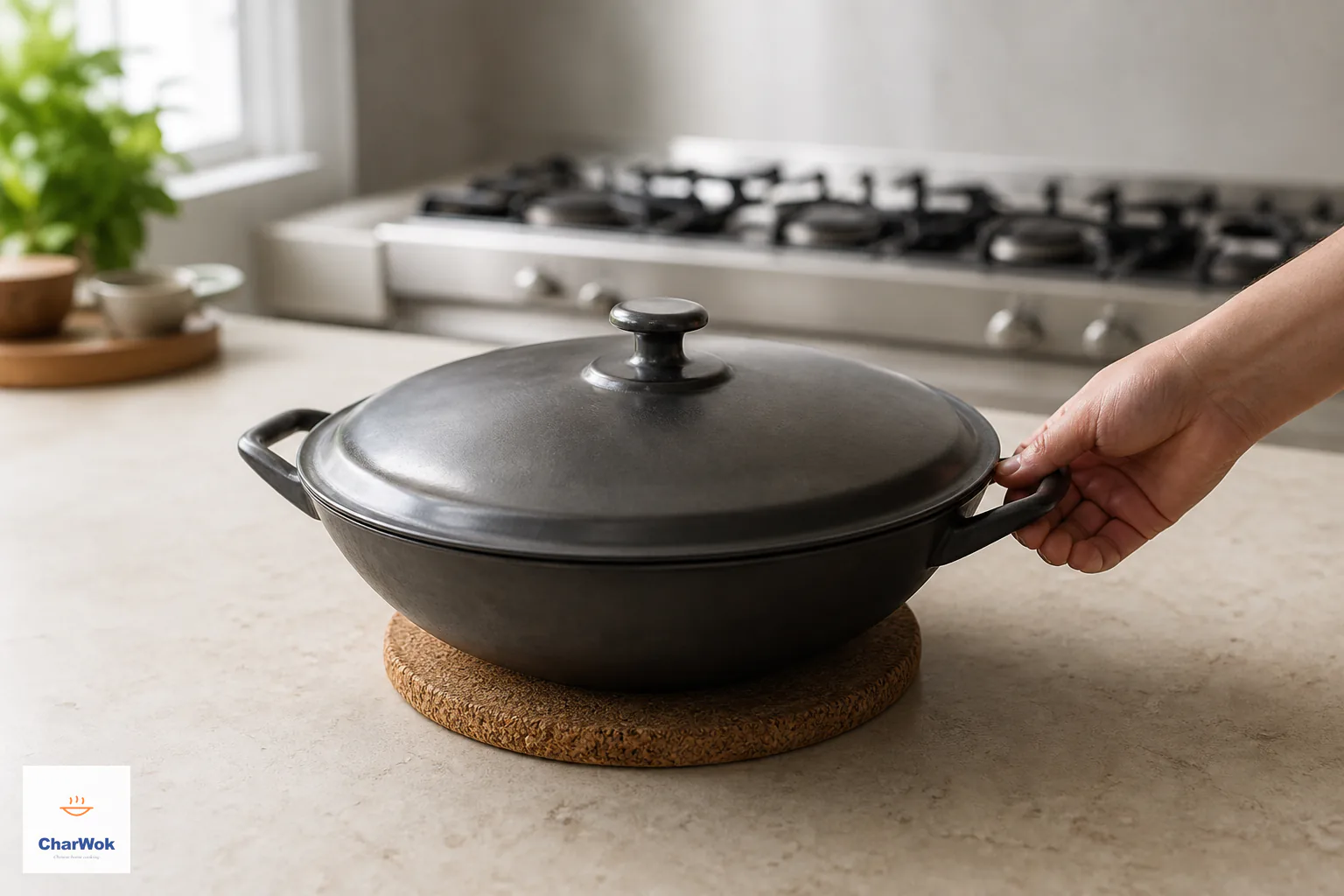 The fully lidded wok rests on a cork trivet away from an unlit stove so residual steam can redistribute through the rice