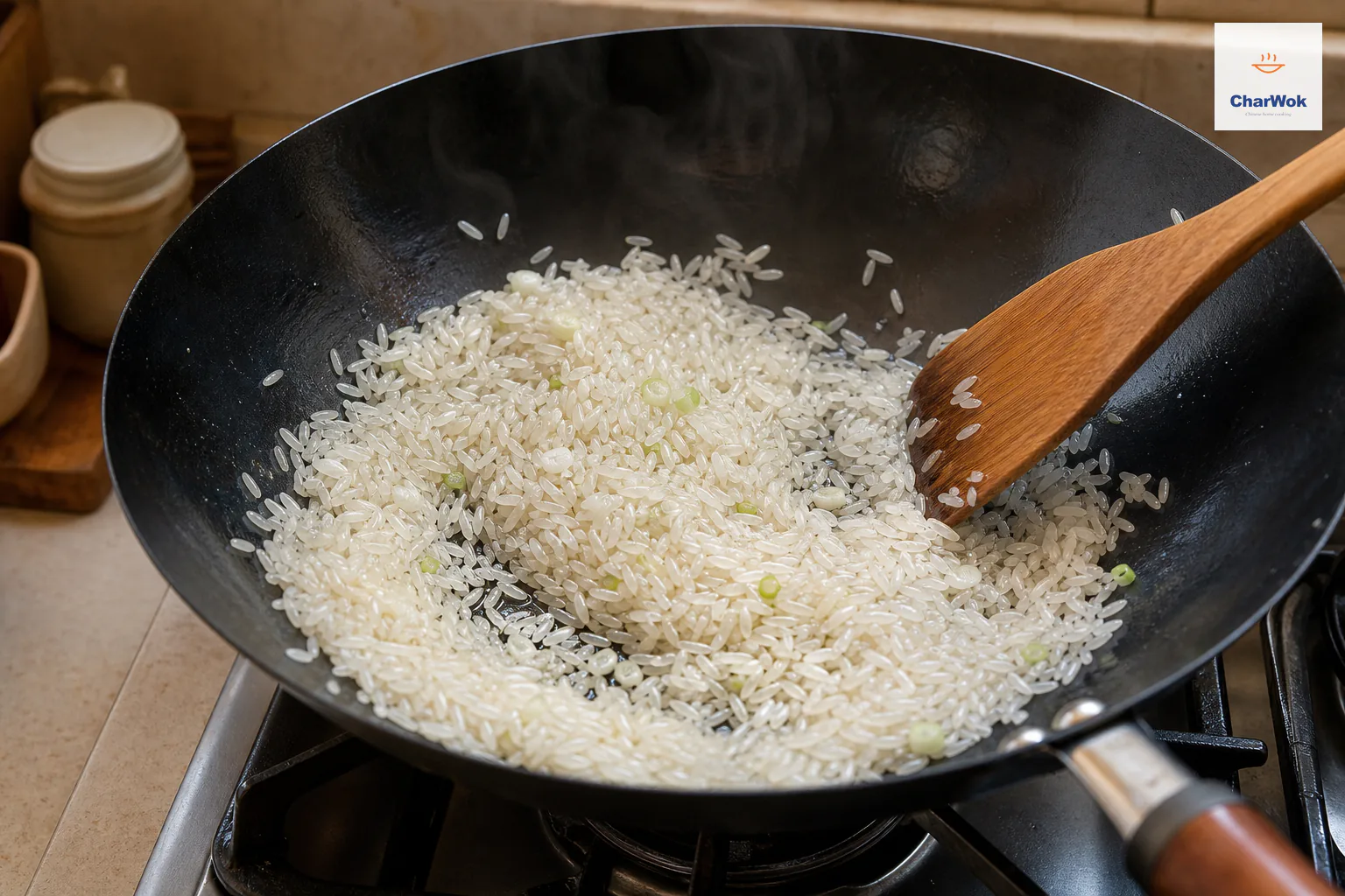 Drained raw jasmine rice and scallion whites fry in a wide wok until the separate firm grains look glossy and translucent only at the edges