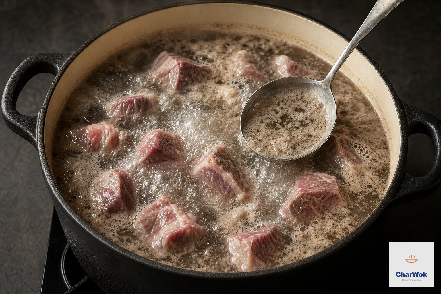 Three-to-four-centimeter raw beef chunks boil in their cold-start water while a spoon removes gray-brown foam from the surface