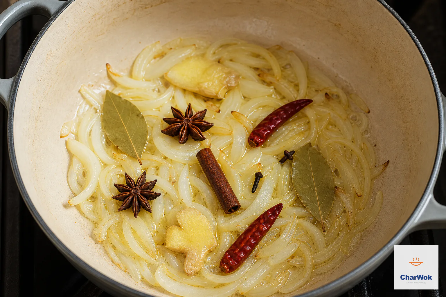 Translucent sliced onions with golden edges fry beside ginger, two star anise, cassia, two bay leaves, cloves and dried chilies