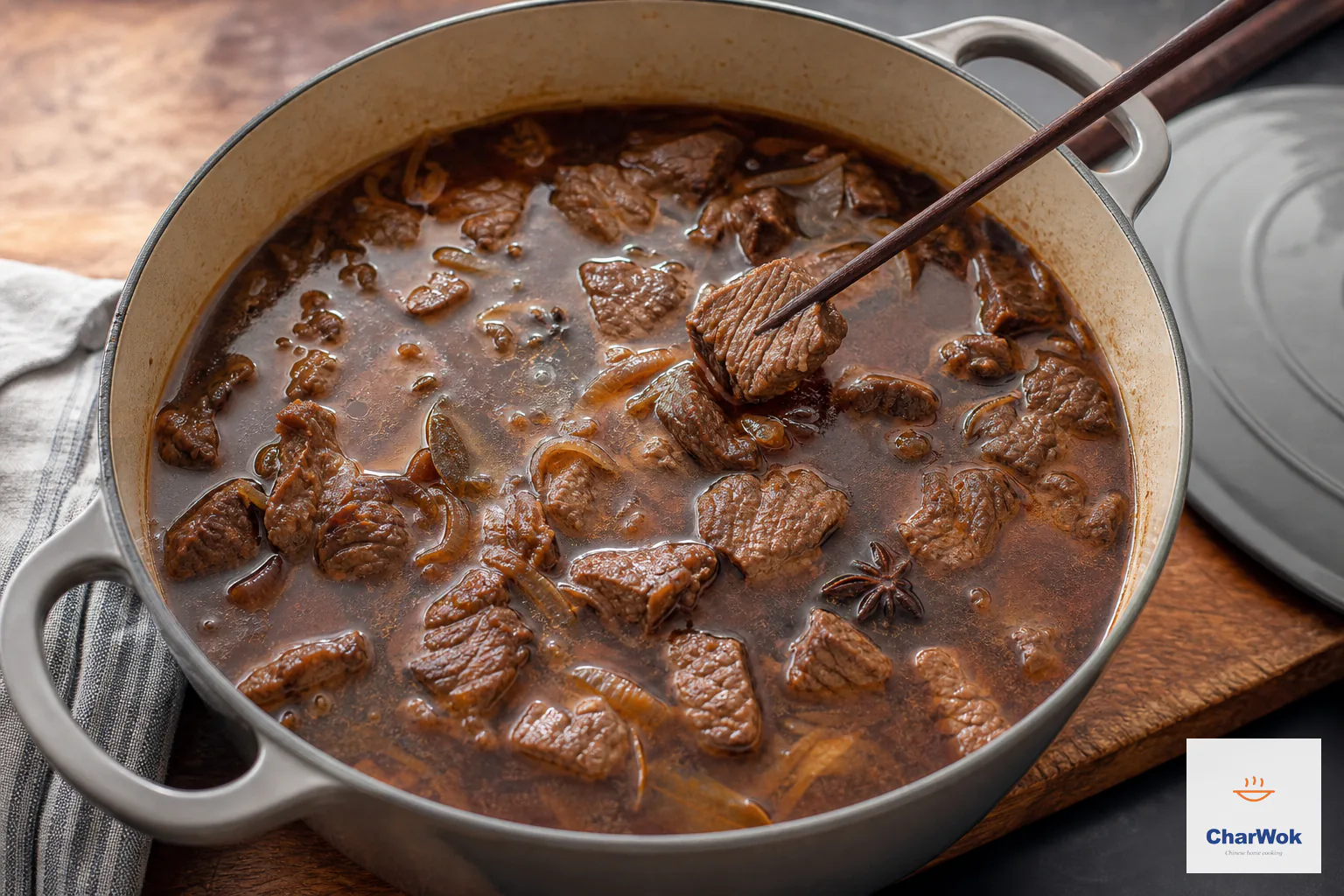 A chopstick tests tender beef in plentiful reddish-brown soy and Shaoxing broth with the heavy pot lid resting nearby and no vegetables present