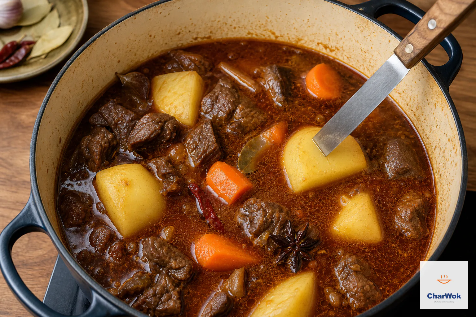 A knife tests an intact potato chunk in uncovered beef stew with large potato and carrot pieces at a calm simmer