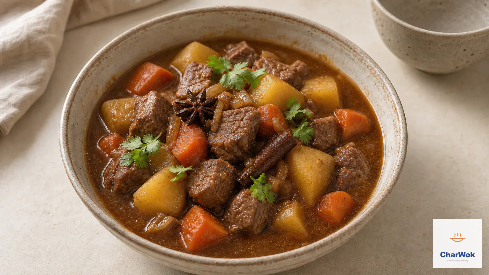 Chinese spiced beef and potato stew with carrot, star anise and cilantro