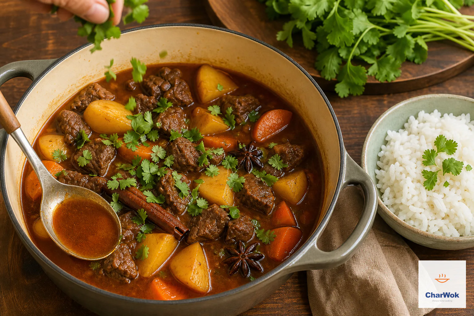 Glossy reduced beef, potato and carrot stew is finished with cilantro beside a bowl of plain steamed white rice