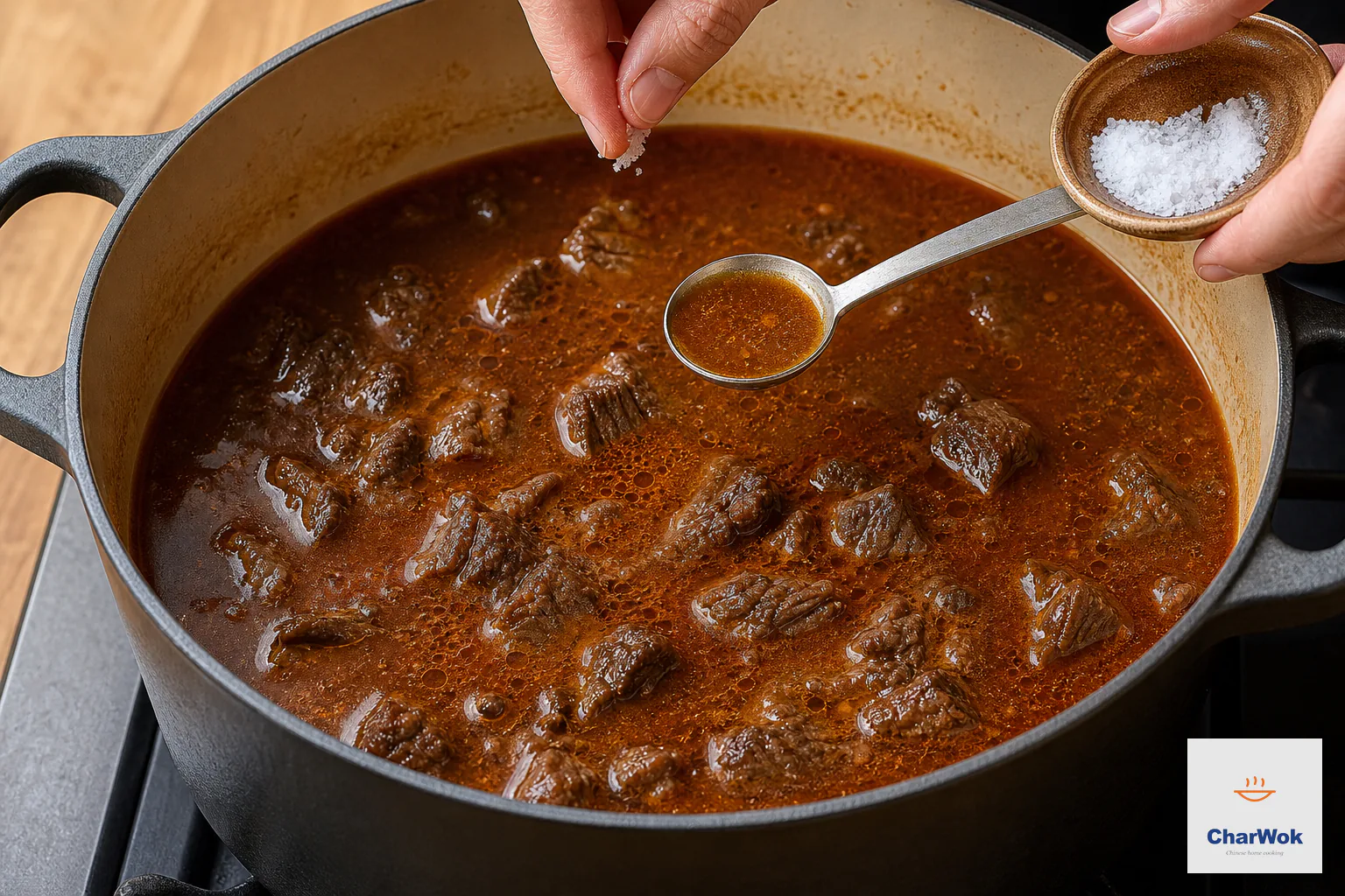 A tasting spoon hovers over tender beef-only broth while a modest pinch of salt is added before any potatoes or carrots