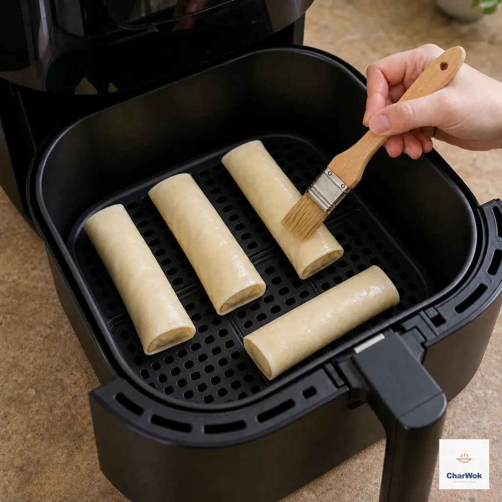 Four lightly oiled uncooked spring rolls lie fully separated in one layer across an air-fryer crisper basket