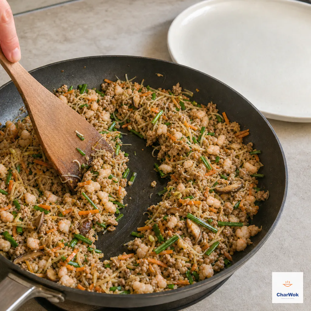 Cooked pork, diced shrimp, carrot, shiitake, chives, scallion, and vermicelli filling in a wide pan, with a spatula leaving a clean dry path and an empty plate ready for cooling