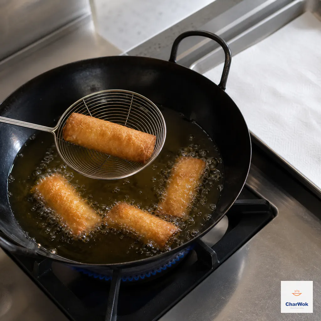 Three uncrowded spring rolls fry in vigorously bubbling oil while a fourth deep tea-gold roll is lifted with a wire skimmer