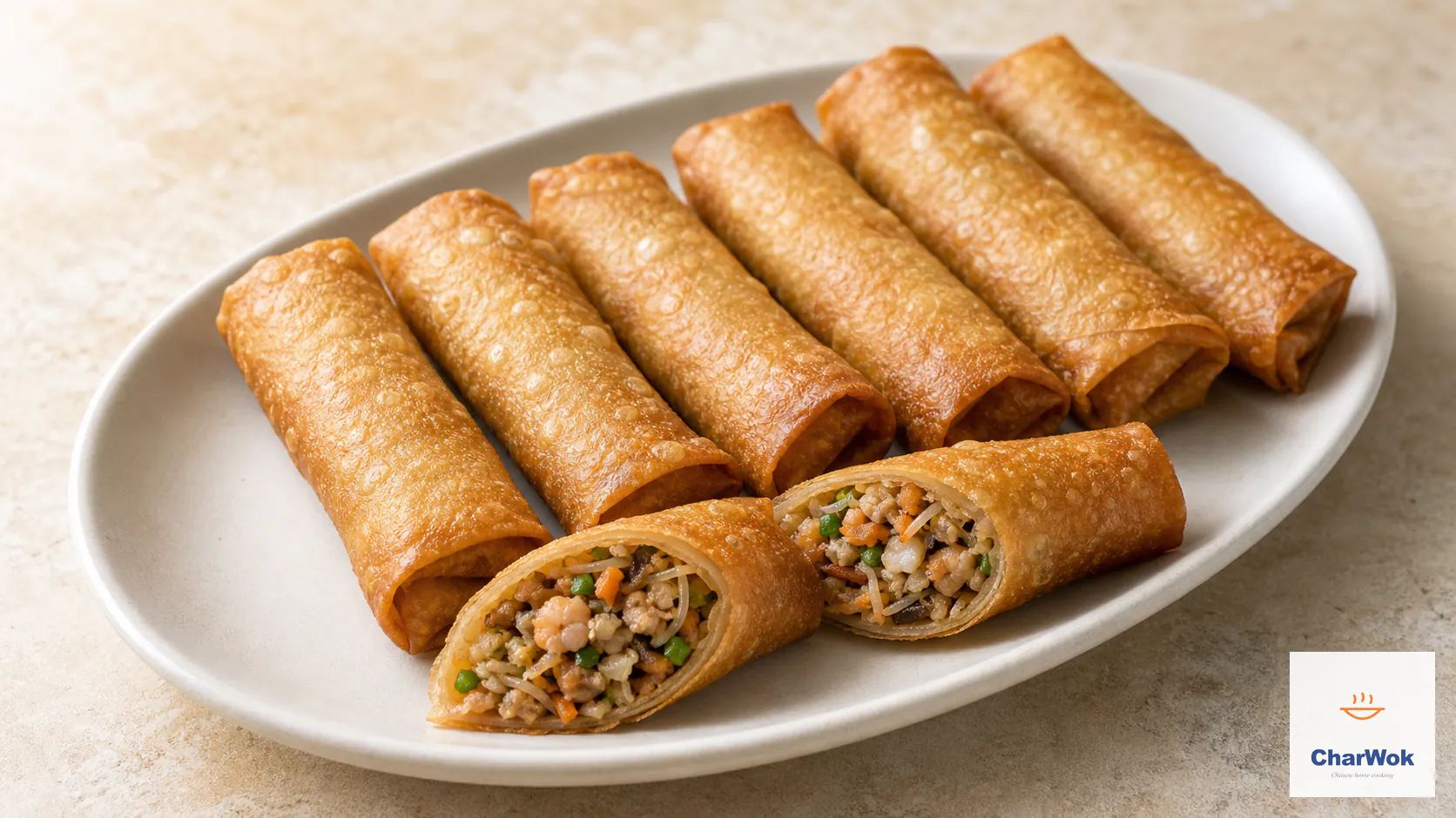 Eight deep-golden Cantonese spring rolls on a warm-white platter, with one cut open to show pork, diced shrimp, carrot, bean sprouts, Chinese chives, shiitake, scallion, and mung-bean vermicelli