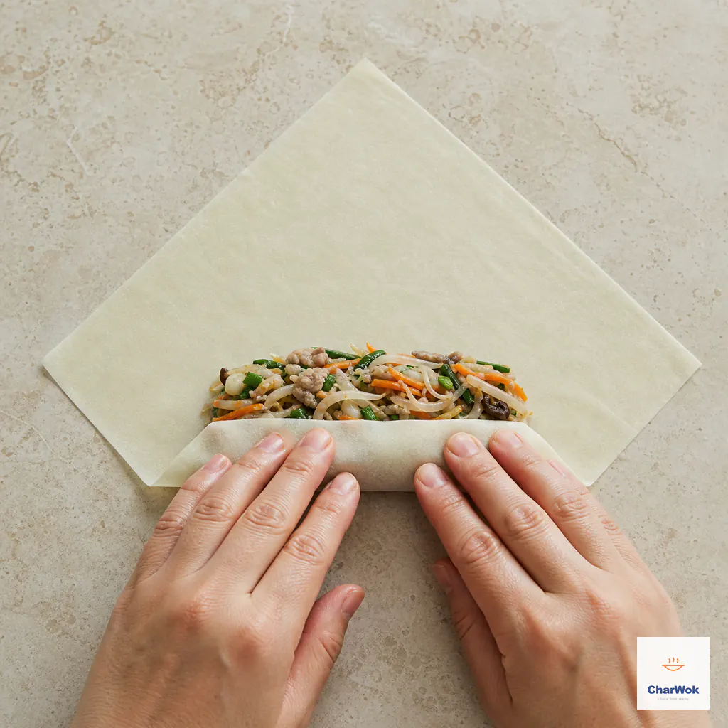 Hands lift the nearest corner of a diamond-shaped wheat wrapper over a low rectangle of cooled cooked spring-roll filling and roll it tightly without trapping air