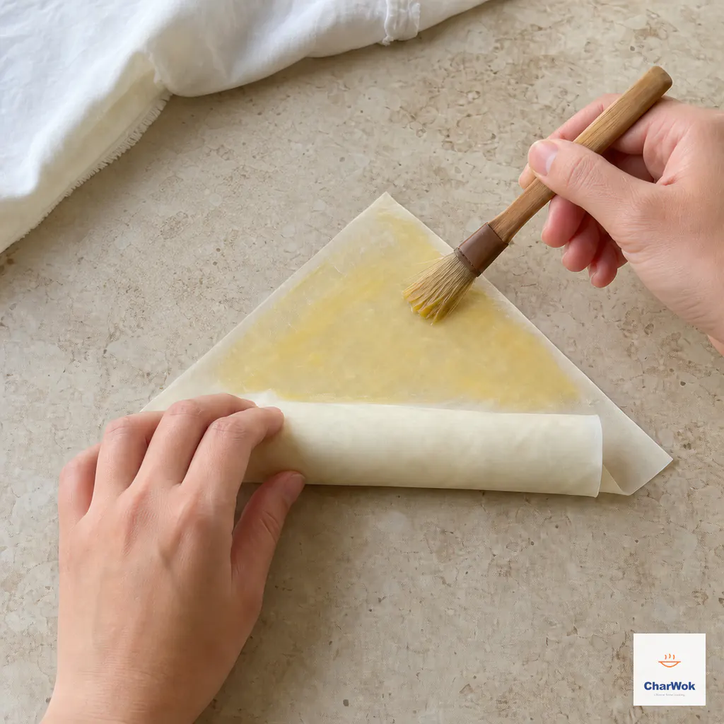A pastry brush applies a thin layer of egg yolk to the final triangular flap of one tightly rolled raw spring roll