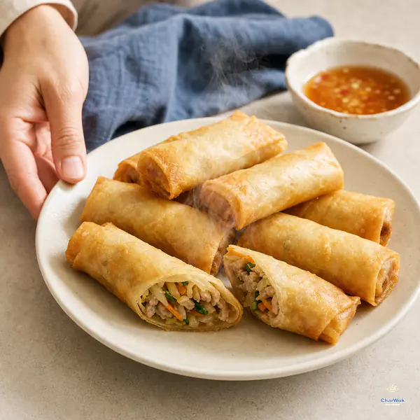 Freshly fried thin golden spring rolls are set on the table beside dipping sauce, with exactly two diagonal cut pieces releasing light steam from pork and vegetable filling
