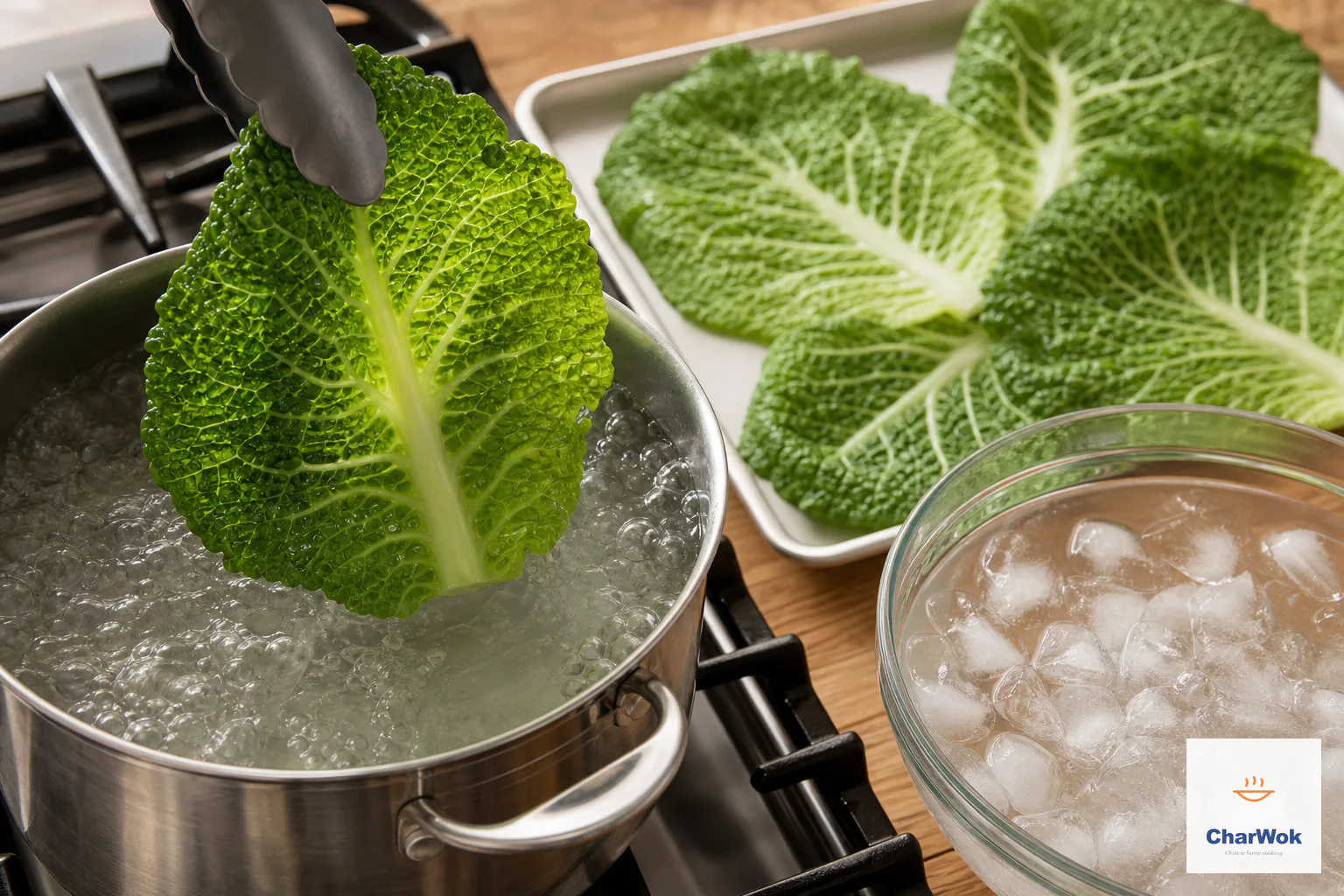 Tongs lift a vivid-green flexible Savoy cabbage leaf from a full rolling boil toward a nearby ice-water bowl